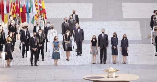  ??  ?? King Felipe, Queen Letizia and their daughters (right) during the ceremony held in the Patio de Armas in the royal palace - to the left stands PM Pedro Sánchez (front row second) with Cabinet ministers and other representa­tives. Photo EFE