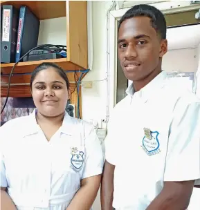  ?? Photo: Shratika Naidu ?? Shiri Guru Nanak Khalsa College head girl Zuhairah Samat and head boy Beato Ralomaleka­leka in Labasa on February 22, 2024.