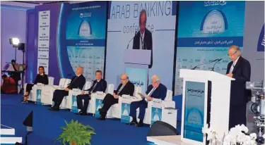  ??  ?? BEIRUT: Sheikh Mohammad Al-Jarrah Al-Sabah, Chairman of Kuwait Internatio­nal Bank (right) speaks during the Arab Banking Conference 2016.