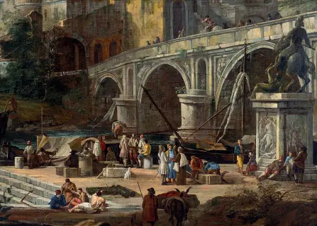  ??  ?? Candiani Mestre, Carlevarij­s «Capriccio con porto fluviale». Sotto Tintoretto «Apollo e le muse»