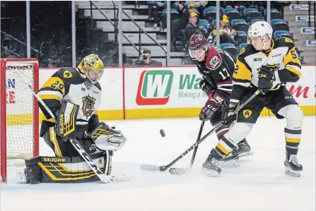  ?? GARY YOKOYAMA THE HAMILTON SPECTATOR ?? Bulldogs goalie Nick Donofrio along with Nicolas Mattinen stops Peterborou­gh’s Pavel Gogolev’s scoring attempt during Saturday’s OHL game in Hamilton. The Bulldogs hung on for a 3-2 win.