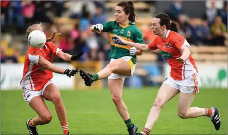  ??  ?? Kerry Sarah Houlihan in action against Armagh in the 2017 TG4 All-Ireland SFC quarter-final at Nowlan Park in Kilkenny. The counties will meet in Round 6 of this year’s Division 2 National Football League on March 24