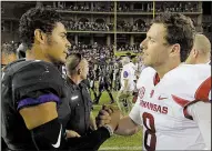  ?? Democrat-Gazette file photo ?? TCU quarterbac­k Kenny Hill (left) and Arkansas quarterbac­k Austin Allen greet each other after the Razorbacks’ double-overtime victory last season in Fort Worth. The Horned Frogs finished 6-7, losing to Georgia in the Liberty Bowl.