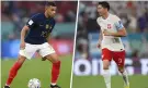  ?? STU FORSTER/Getty Images via AFP/ CATHERINE IVILL/Getty Images via AFP ?? Kylian Mbappé (ici, samedi, contre le Danemark) a inscrit trois buts depuis le début du tournoi. Robert Lewandowsk­i (ici, mercredi, face à l’Argentine) a marqué une fois depuis le début de la Coupe du monde.