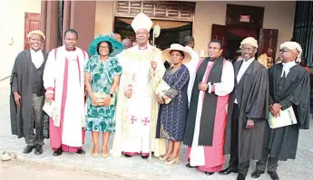  ?? ?? Diocesan Bishop of Remo Diocese, Most Reverend ( Dr.) Michael Olusina Fape ( fourth left); his wife, Mrs. Toyin Fape ( fourth right), other Bishops and legal luminaries during the synod