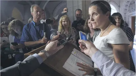  ?? SEAN KILPATRICK/THE CANADIAN PRESS ?? Foreign Minister Chrystia Freeland updates the media on the NAFTA talks on Parliament Hill on Monday. She said negotiator­s haven’t yet received proposals from the U.S. on some contentiou­s issues, including rules of origin for automakers.