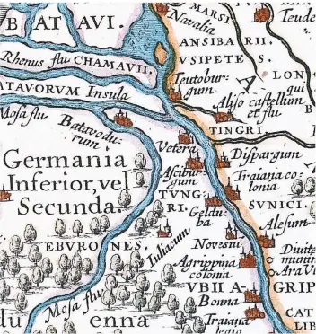  ?? FOTO: KSM ?? Germania Inferior vel Secunda, Kartenauss­chnitt mit Dispargum (rechtsrhei­nisch), Atlas von W.J.Blaeu.