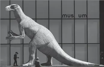  ?? VIRGINIA MAYO / ASSOCIATED PRESS ?? A boy walks by a model of a dinosaur with a face mask at the Museum of Natural History in Brussels, on Tuesday.