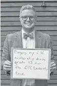  ??  ?? Jamie Ellerton Buying my CPC membership during Grade 12 for the CPC
leadership race.