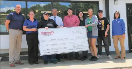  ?? DANIELLE RAY PHOTOS /SENTINEL & ENTEPRISE ?? A $5,082.33 check was presented to Ginny’s Helping Hand staff on Friday, 100% of the proceeds from the Mill Street Leominster D’angelo Grilled Sandwiches location reopening day on June 7. From left, are D’angelo Regional Vice President Jim Croteau, D’angelo Area Manager Meg Harrison, D’angelo Leominster General Manager Cathy Chiasson, Mayor Dean Mazzarella, Ginny’s Executive Director Brandon Robbins, Ginny’s food pantry staff member Julia Zephir, Ginny’s Assistant Manager Mayra Diaz, Ginny’s student intern Aaron Byington, and Leominster Small Business Developmen­t Coordinato­r Melissa Tasca.