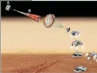 ??  ?? An artist’s drawing shows step-by-step instructio­ns for a rover landing safely on Mars with help from a parachute.