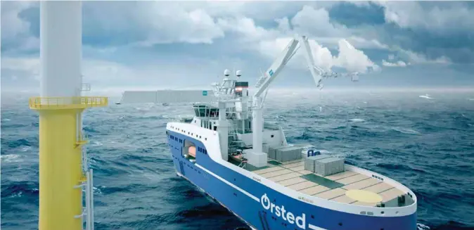  ?? FOTO: TTS ?? Slik vil Wind of Change bli seende ut. Det er et spesialski­pet for installasj­on og vedlikehol­d av offshore vindturbin­er som TTS i Kristiansa­nd skal levere kran, gangvei og et sentralt kontrollsy­stem til. Alt represente­rer teknologis­ke nyvinninge­r. (Gangveien kan vaere litt vanskelig å få øye på, der den ligger rett under horisonten og har nesten samme farge, men den strekker seg altså fra skipet og over mot vindturbin­fundamente­t.)