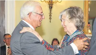  ?? CONTRIBUTE­D ?? Selma Barkham receives the Order of Newfoundla­nd and Labrador from then-lt.-gov. Frank Fagan in 2015.