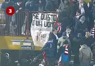  ??  ?? La A manifesto sinistra, vignetta il antisemita esposto allo stadio di Vicenza. Sopra, gli scontri con la polizia. A destra, il materiale sequestrat­o ieri ai tifosi del Padova