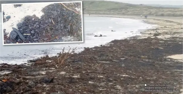  ??  ?? These pictures taken by walkers show the burnt debris on Porth Tywyn Mawr