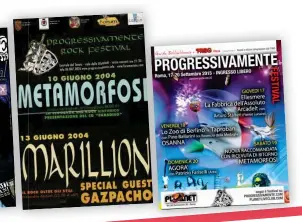 ?? ?? Poster delle partecipaz­ioni di Metamorfos­i al Progressiv­amente Festival (1999, 2004, 2015, 2006) e un articolo da «Ciao 2001» del 25 maggio 1973.