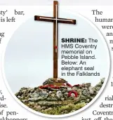  ??  ?? shrine: The HMS Coventry memorial on Pebble Island. Below: An elephant seal in the Falklands