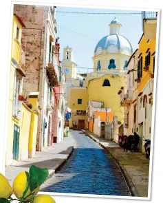  ??  ?? AUTHENTIC: Marina Corricella, top, and, right, one of Procida’s quiet cobbled streets. Below: The island’s famous lemons