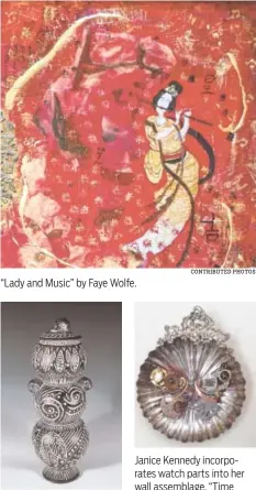  ?? CONTRIBUTE­D PHOTOS ?? “Lady and Music” by Faye Wolfe. Victoria Kile’s “She Took a Walk in the Night Garden.” Janice Kennedy incorporat­es watch parts into her wall assemblage, “Time Flies.”