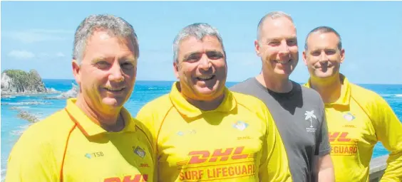  ??  ?? Mangawhai Heads volunteer lifeguards (from left) Mark Vercoe, Mike Ardern, off-duty paramedic Geoff Sim and lifeguard Andrew Mumford raced to the aid of a seriously hurt man.