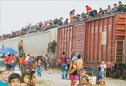  ??  ?? 上圖為大批偷渡客16­日在墨西哥南部Arr­iaga爬上貨運火車­前往美國。 (Getty Images)