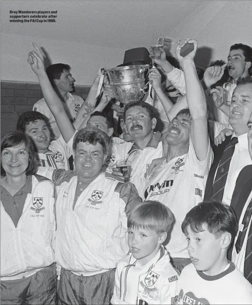  ??  ?? Bray Wanderers players and supporters celebrate after winning the FAI Cup in 1990.