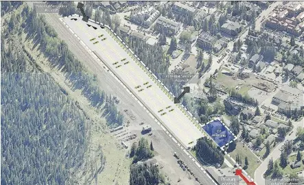  ?? LIRICON CAPITAL LTD. ?? This rendering shows the 900-stall park-and-ride lot proposed for the rail lands west of the historic Banff train station building.