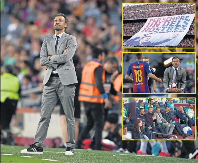  ??  ?? HOMENAJE. Luis Enrique intentó pasar desapercib­ido el día de su adiós en el Camp Nou. Con una pancarta, la afición le agradeció sus tres años como técnico culé.