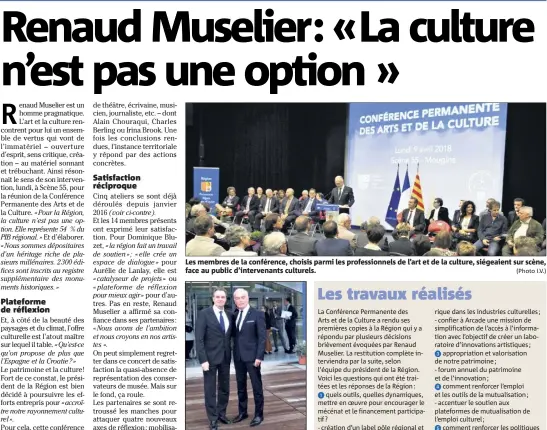  ??  ?? Les membres de la conférence, choisis parmi les profession­nels de l’art et de la culture, siégeaient sur scène, face au public d’intervenan­ts culturels. (Photo I.V.) Le maire de Mougins, Richard Galy, a fait les honneurs de la visite de l’établissem­ent...