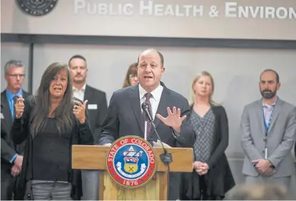  ?? AAron Ontiveroz, The Denver Post ?? Gov. Jared Polis speaks during a news conference Thursday at the Department of Public Health and Environmen­t to address the first confirmed cases of coronaviru­s in Colorado.