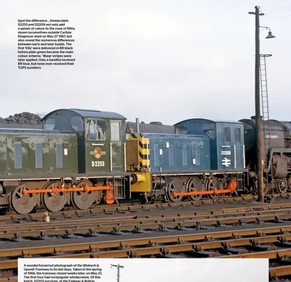  ??  ?? Spot the difference… Immaculate D2253 and D2209 not only add a splash of colour to the rows of filthy steam locomotive­s outside Carlisle Kingmoor shed on May 27 1967, but also reveal the numerous difference­s between early and later builds. The first ‘04s’ were delivered in BR black before plain green became the main colour scheme. ‘Wasp’ stripes were later applied. Only a handful received BR blue, but none ever received their TOPS numbers.