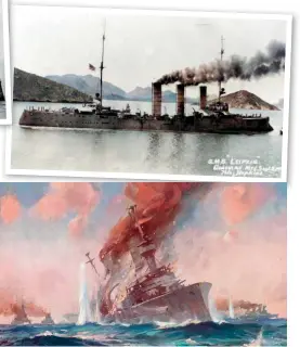  ??  ?? Right: A Bremen class cruiser, Leipzig was pursued and sunk, there were only 18 survivors
A burning Scharnhors­t heels to starboard before capsizing. A painting by ES Hodgson