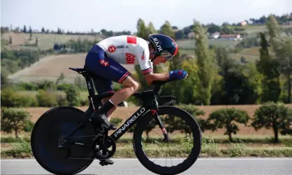  ??  ?? Geraint Thomas powers forward during the world time trial championsh­ip. ‘This is the first time I’ve felt good for the worlds,’ he said. Photograph: Bas Czerwinski/Getty Images