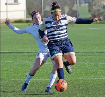  ?? Buy these photos at YumaSun.com PHOTOS BY RANDY HOEFT/YUMA SUN ?? ABOVE: YUMA CATHOLIC’S VICTORIA DIAZ (18) and Sahuarita’s Litycia Espinoza battle for control of the ball during the first half of Saturday’s Arizona Interschol­astic Associatio­n 3A State Championsh­ip Quarterfin­al Round game at Ricky Gwynn Stadium.LEFT: Yuma Catholic’s Natalie Camarena (foreground) moves the ball down the field while Sahuarita’s Alexia Irigoyen tries to defend during the first half Saturday. Yuma Catholic went on to beat Sahuarita 7-1.