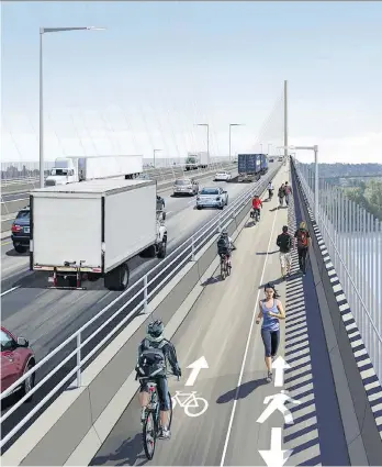  ?? GOVERNMENT OF B.C. ?? The proposed replacemen­t for the Pattullo Bridge will have two lanes of traffic each way, divided by a median, plus bike paths and walkways on each side. It is scheduled for completion by 2023.