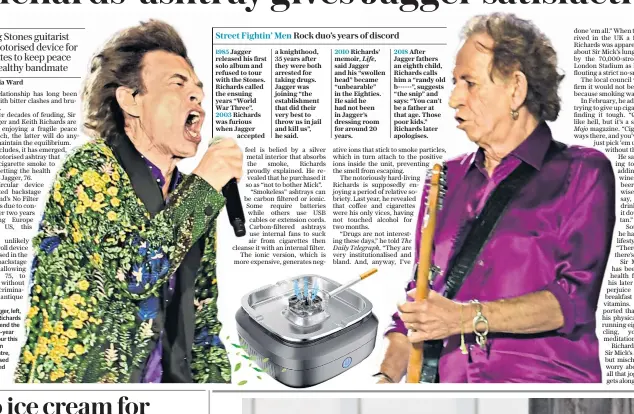  ??  ?? Sir Mick Jagger, left, and Keith Richards are due to end the band’s two-year No Filter tour this weekend, in Miami. Centre, the motorised ashtray used by the guitarist