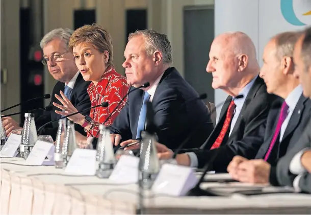  ?? ?? INDEPENDEN­CE VOICE: First Minister Nicola Sturgeon speaks after the British-Irish Council summit meeting in Guernsey.