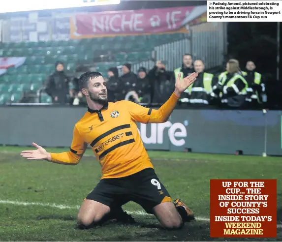  ??  ?? &gt; Padraig Amond, pictured celebratin­g his strike against Middlesbro­ugh, is proving to be a driving force in Newport County’s momentous FA Cup run