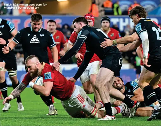  ?? ?? Finish: RG Snyman goes over for Munster’s bonus point try