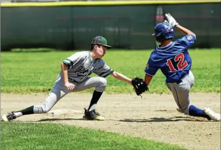  ?? STAN HUDY — SHUDY@DIGITALFIR­STMEDIA.COM ?? Clifton Park Plainsmen shortstop Will Shea tags Tuckahoe baserunner Robert Sypher on the arm as he attempts to steal second base in the fifth inning of Monday’s Eastern NY State championsh­ip game.