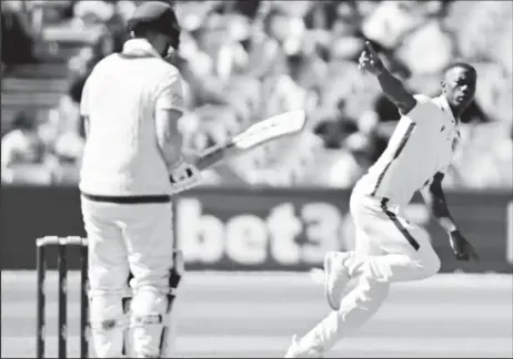  ?? ?? Shamar Joseph takes off after getting Steven Smith first ball • AFP/Getty Images