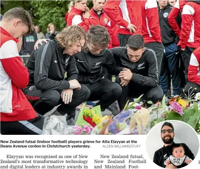  ??  ?? New Zealand futsal (indoor football) players grieve for Atta Elayyan at the Deans Avenue cordon in Christchur­ch yesterday. ALDEN WILLIAMS/STUFF Atta Elayyan, pictured with daughter Aya.