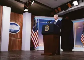  ?? Anna Moneymaker / Getty Images ?? President Joe Biden delivers remarks on gas prices in the United States from the South Court Auditorium of the White House on Thursday. During his remarks Biden announced that he is authorizin­g the release of barrels of oil from oil reserves over the next six months in an attempt to help ease the price of gas.