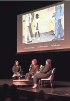  ?? COMMERCIAL APPEAL ?? Nikole Hannah-Jones, center, speaks at a March 20 panel at the Halloran Centre along with Wendi C. Thomas of the MLK50: Justice through Journalism project, left, and Tami Sawyer, right, an activist who played a lead role in the campaign to take down...