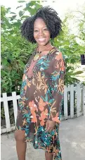  ??  ?? Maxine Williamson wearing a Mutumba shirt dress. This earthy print works well with strappy heels, boots or boxheel slippers.