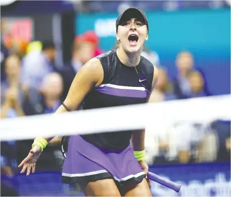  ?? CLIVE BRUNSKILL/GETTY IMAGES ?? Canada’s Bianca Andreescu won her U.S. Open semifinal match against Belinda Bencic of Switzerlan­d Thursday night to secure a spot in her first Grand Slam final, where she will face 23-time Grand Slam champion Serena Williams at Arthur Ashe Stadium in New York.