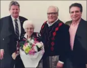  ?? SUPPLIED PHOTO ?? In the Second World War, Bernice Price ran the fingerprin­t section in the RCAF women’s division police corp.
Five years ago, they awarded Bernice Price the Queen’s Diamond Jubilee Medal. With her, from left, are former city councillor­s Scott Duvall...