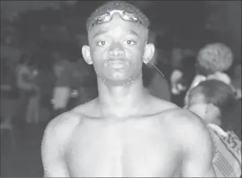  ??  ?? Leon Seaton Jr. of Silver Shark after completing his win the boy’s 13-14 50M freestyle event on Sunday. (Royston Alkins photo)