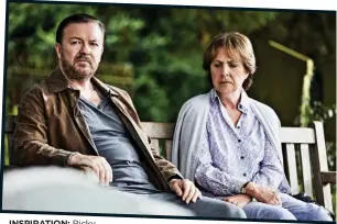  ??  ?? INSPIRATIO­N: Ricky Gervais with partner Jane Fallon at the 2015 Emmy Awards and, above, with After Life co-star Penelope Wilton