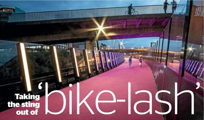  ??  ?? Auckland’s Lightpath shows cycleways can look attractive as well as be practical.